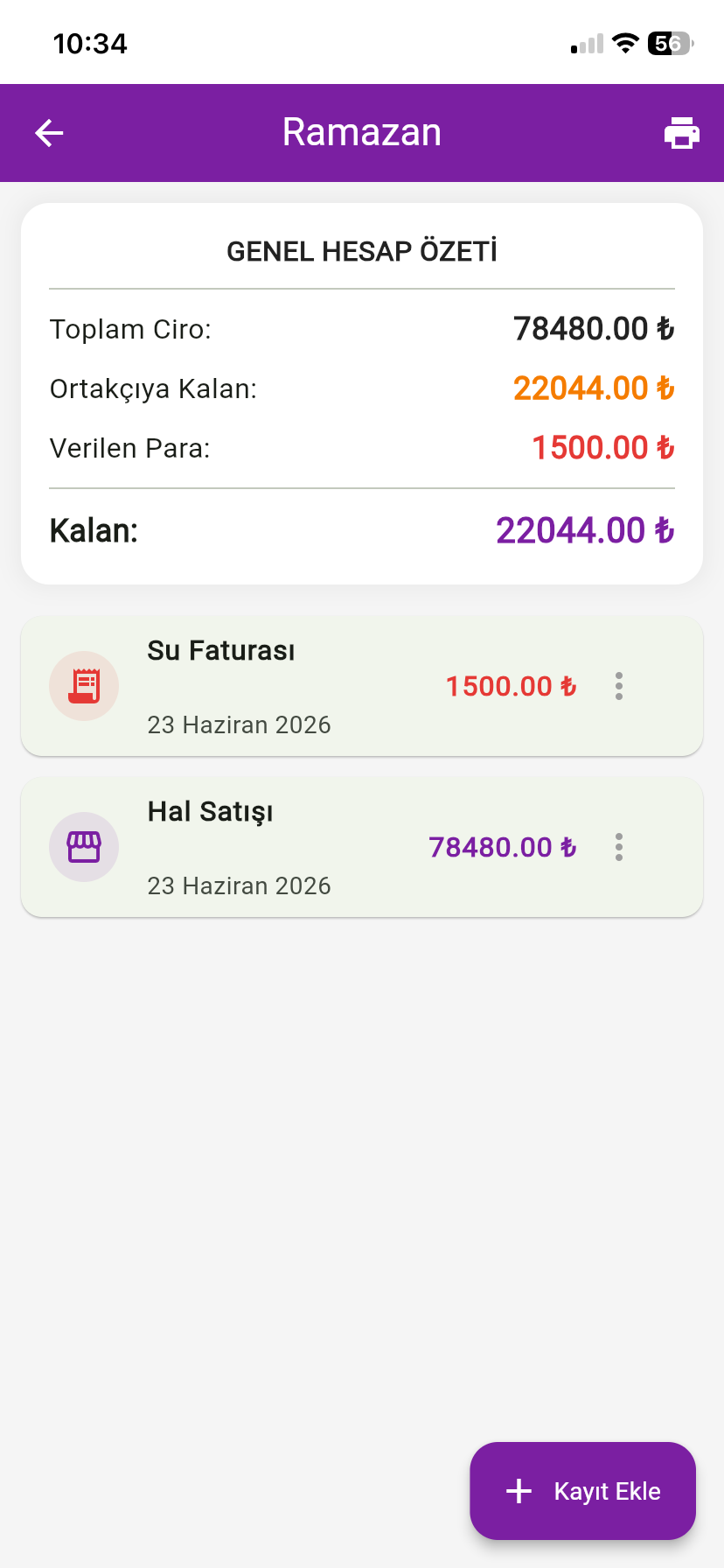 Ortakçı Hesap Ekranı